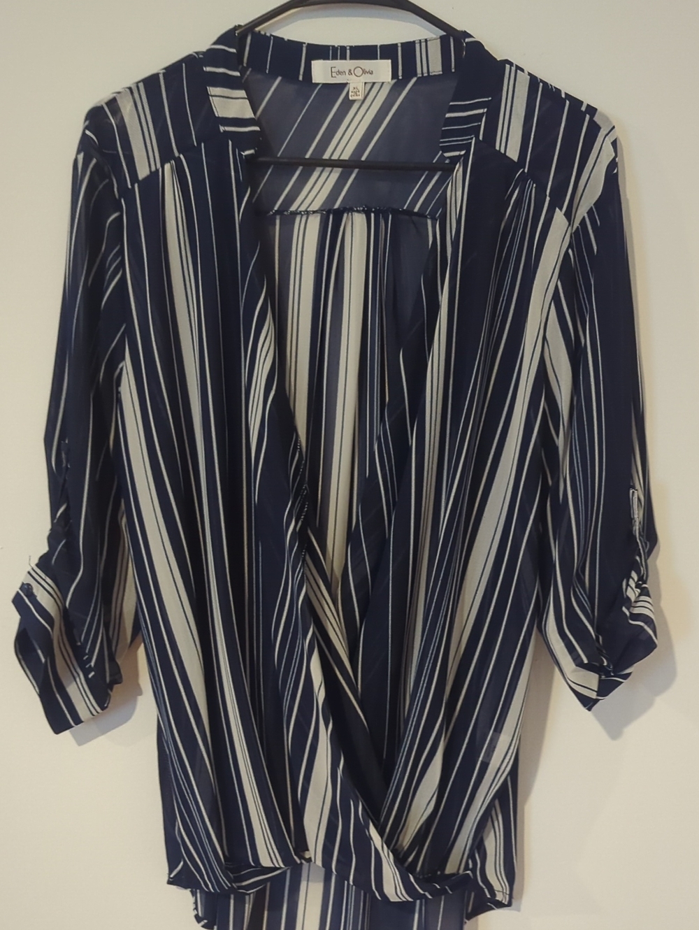 Eden & Olivia Navy and White Vertical Stripe Wrap Blouse